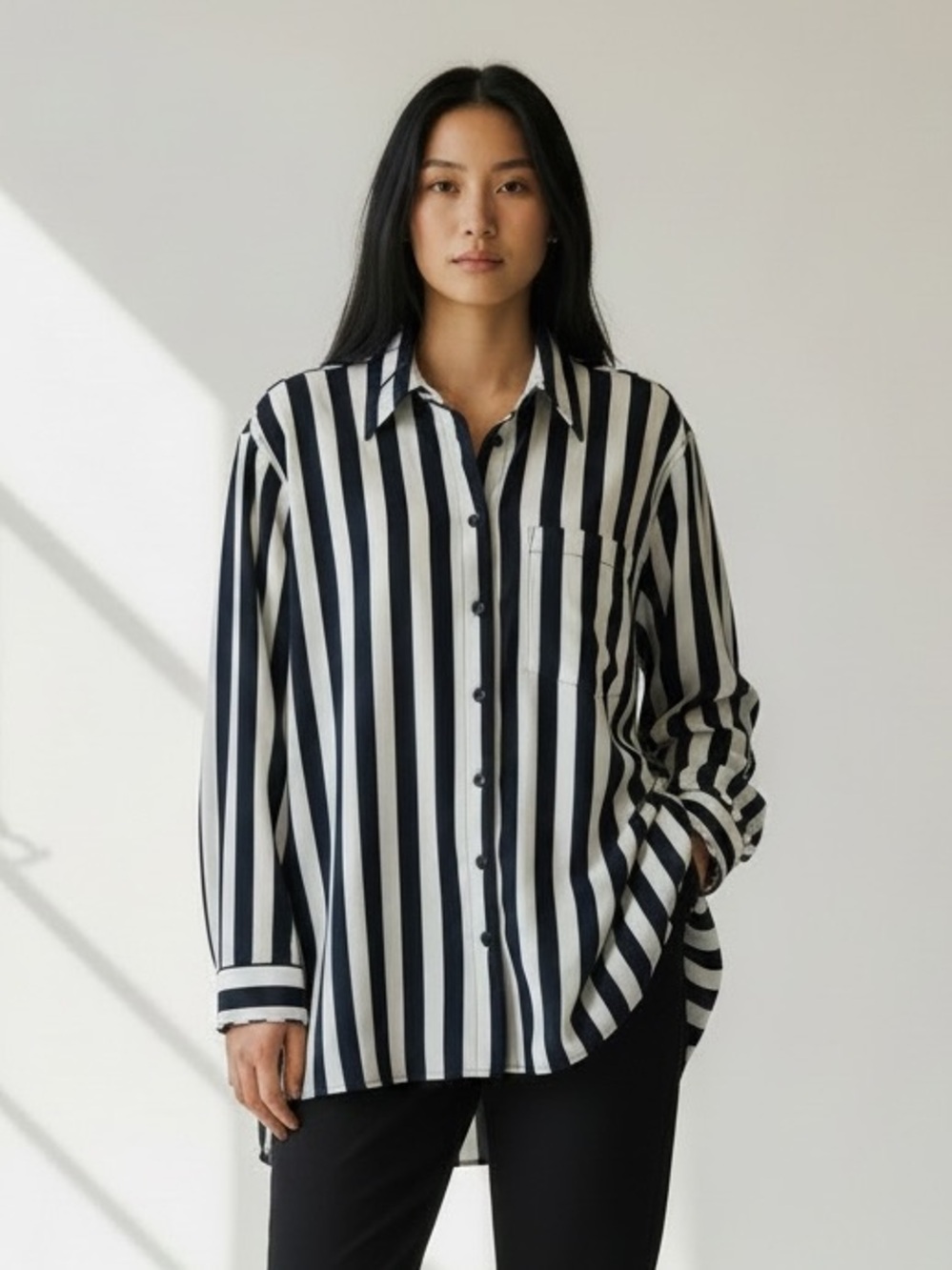 MICHAEL Michael Kors Striped Navy and White Long Sleeve Button-Up Shirt, XL